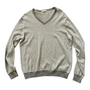 J Crew Men Beige Gray Stripe V Neck Cotton Cashmere Sweater Coastal Preppy Sz L
